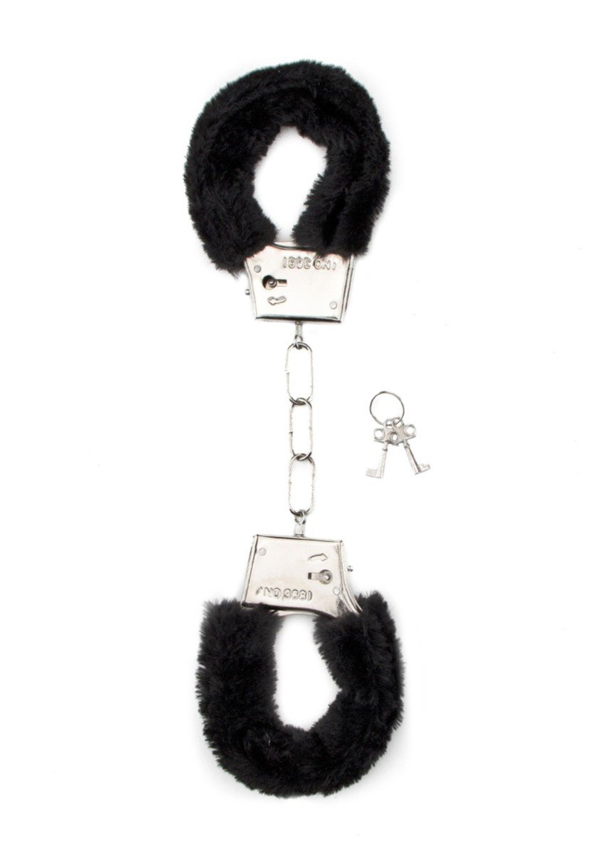 Plyšová pouta Shots Toys Furry Handcuffs černá, kovová pouta s plyšem