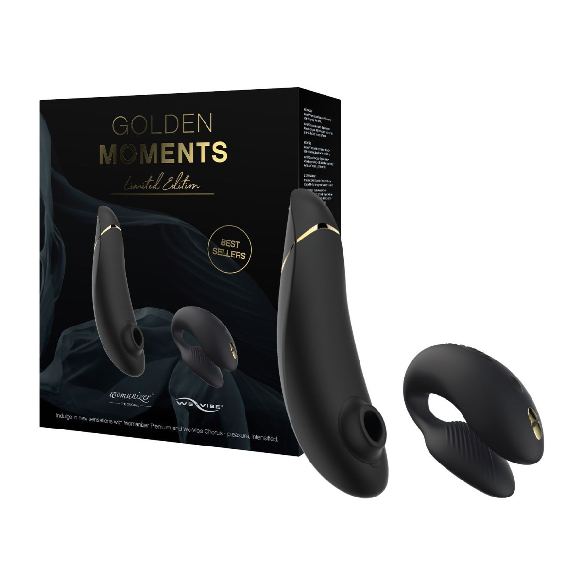 Womanizer Golden Moments Collection, luxusní sada bezdotykového stimulátoru klitorisu a partnerského vibrátoru