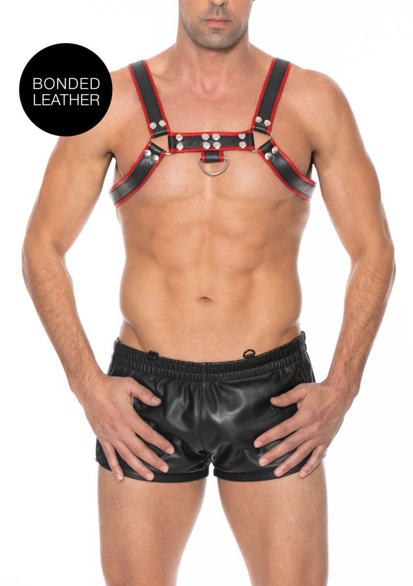 Kožený harness Ouch! Chest Bulldog červený L/XL, pánský kožený postroj