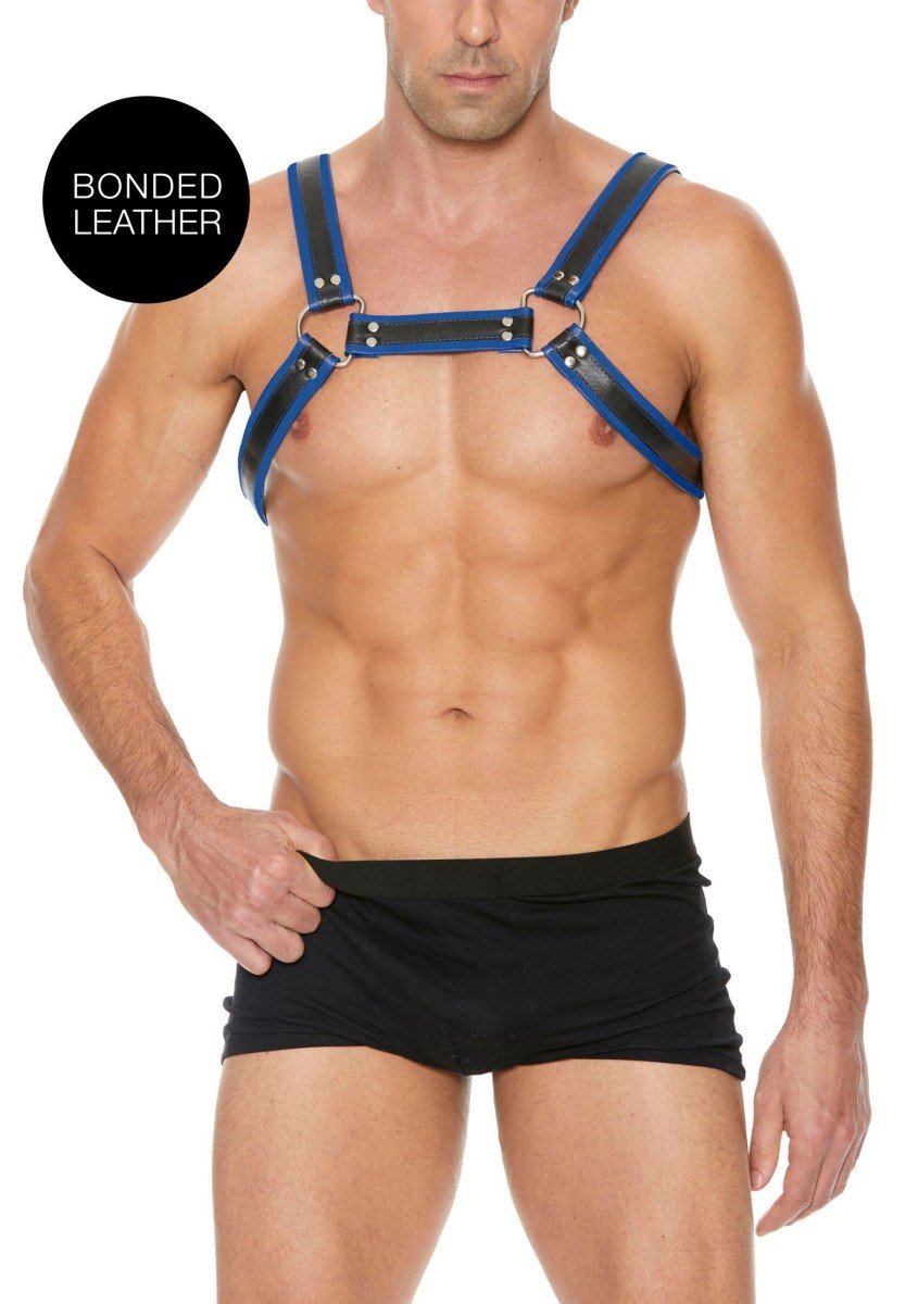 Kožený harness Ouch! Buckle Bulldog modrý L/XL, pánský kožený postroj