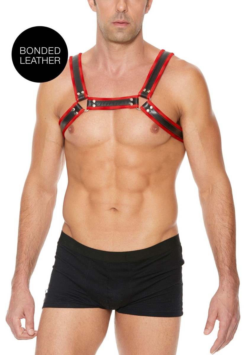 Kožený harness Ouch! Buckle Bulldog červený L/XL, pánský kožený postroj