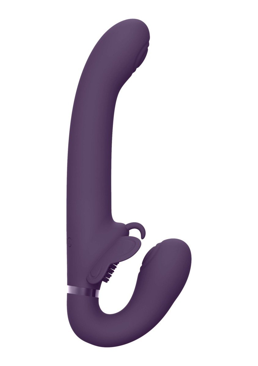 Pulzační vkládací dildo Vive Satu fialové, vibrační strapless strap-on dildo 23 x 3,4 cm
