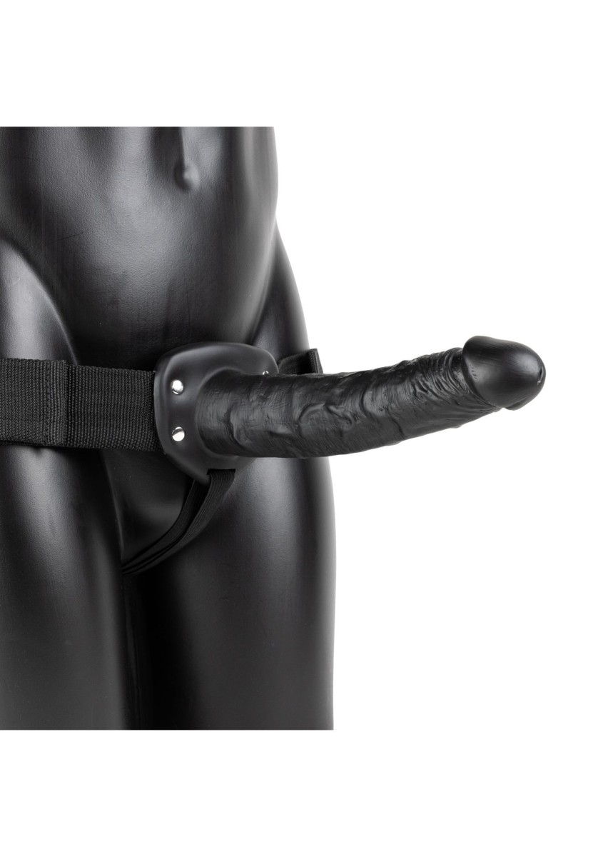 Duté připínací dildo RealRock Hollow Strap-On 10″ černé, unisex strap-on postroj s dildem 25 x 4,8 cm