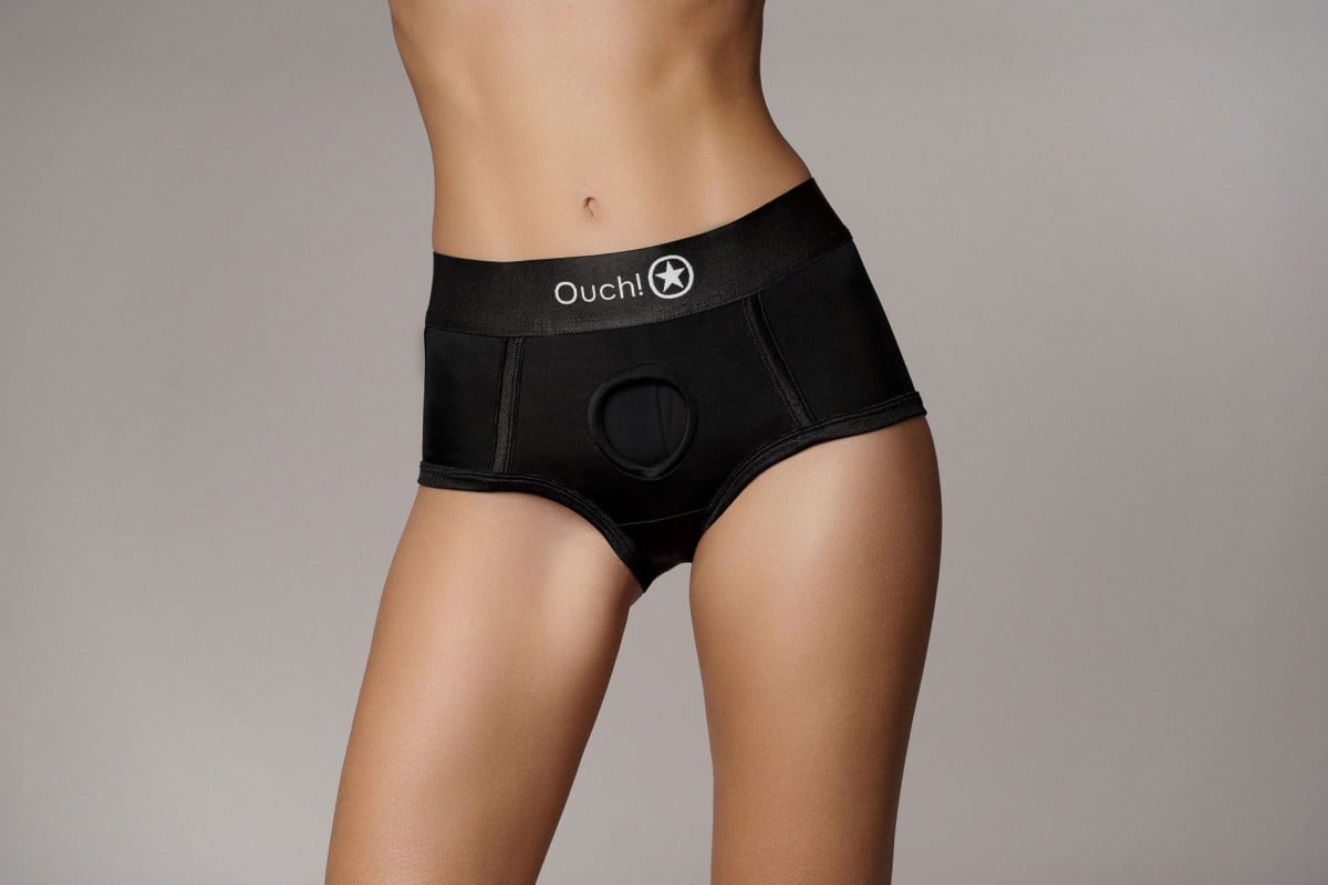 Vibrační strap-on kalhotky Ouch! M–L, elastické kalhotky s vibrační patronou pro hračky s přísavkou