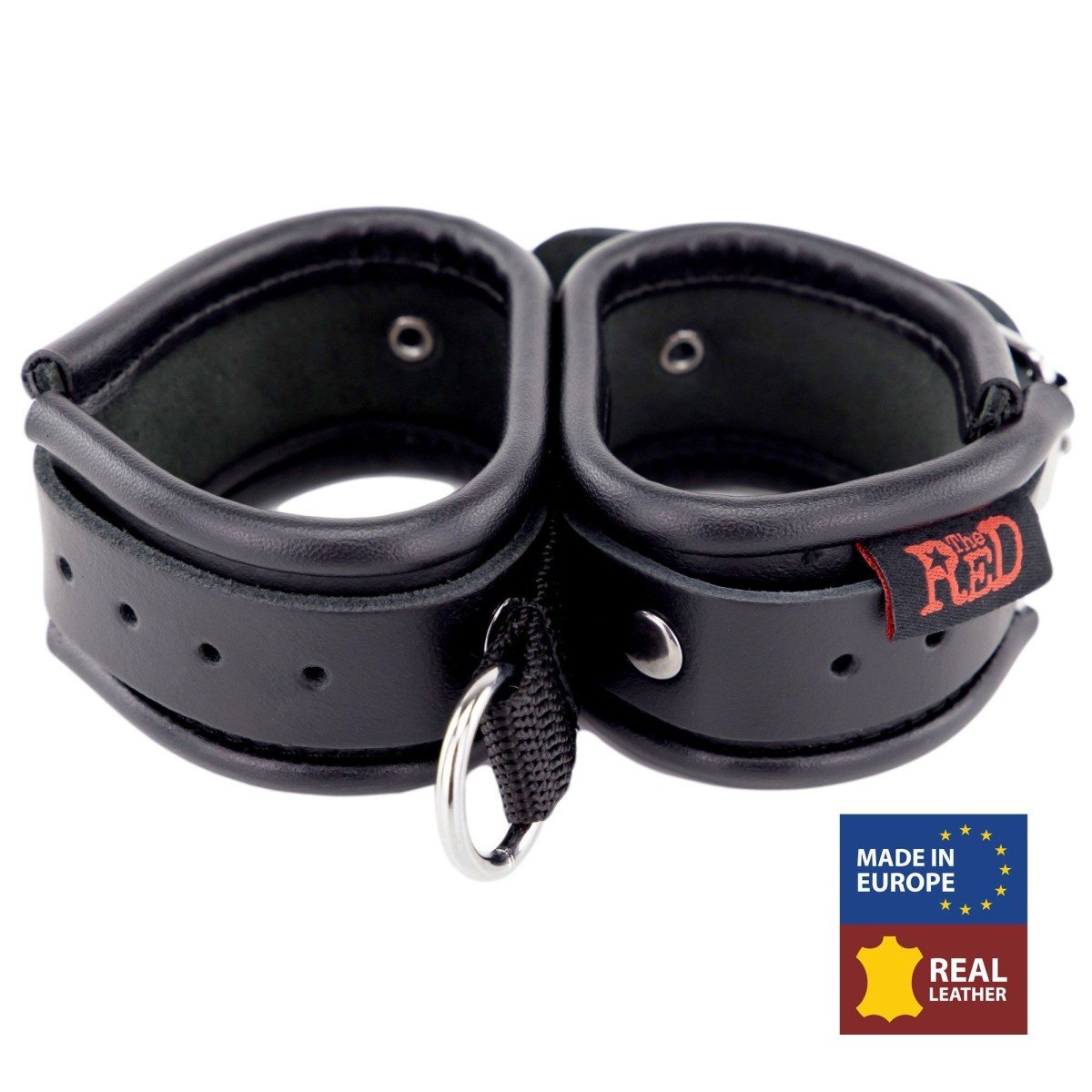 The Red Leather Connected Hand Restraints Black