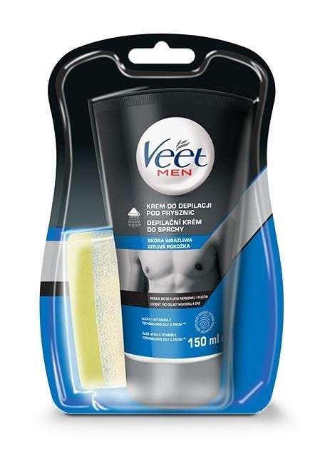 Veet Men Silk & Fresh Depilační krém do sprchy pro citlivou pokožku 150 ml, depilační krém pro muže s aloe vera a vitamínem E