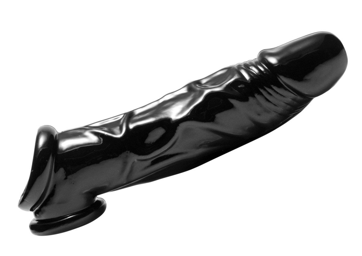 Master Series Fuk Tool Penis Sheath and Ball Stretcher, černý návlek na penis a natahovač varlat 21 x 4–5 cm